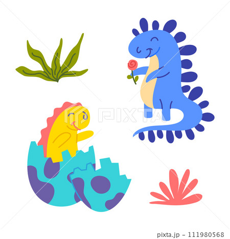Cartoon Color Characters Cute Baby Dinosaurus Icons Set Flat Design Style Birthday Concept. Vector illustration of Dino Mascot Icon 111980568