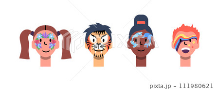 Cartoon Color Characters Kids Face Painting Concept Flat Design Style Include of Floral Decor, Dolphin, Rainbow and Tiger. Vector illustration Cartoon Color Characters Kids Face Painting Concept Flat Design Style Include of Floral Decor, Dolphin, Rainbow and Tiger. Vector illustration 111980621
