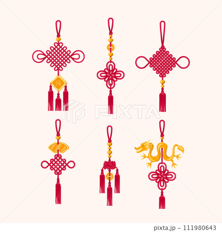 Cartoon Color Chinese Tassels Traditional Set Concept Flat Design Style Chinese Characters mean Happy. Vector illustration of Red Asian Knot with Gold Elements 111980643