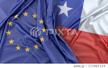 Ruffled Flags of European Union and Chile. 3D Rendering 111981124