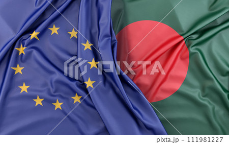 Ruffled Flags of European Union and Bangladesh. 3D Rendering 111981227
