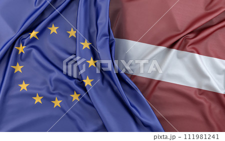 Ruffled Flags of European Union and Latvia. 3D Rendering 111981241