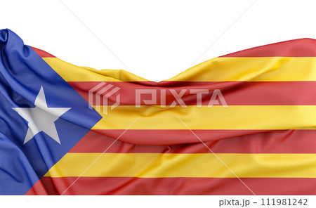 Flag of Catalonia isolated on white background with copy space above. 3D rendering 111981242