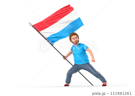 Man proudly holding flag of Luxembourg. Isolated on white background. 3D Rendering 111981261