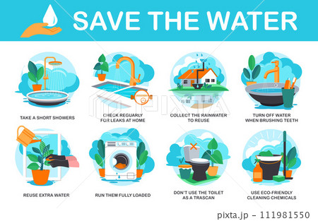 The infographic Save the Water. There are eight icons depicting ways to save water such as taking short showers, collecting rainwater, and not using chemical toilets. Vector illustration The infographic Save the Water. There are eight icons depicting ways to save water such as taking short showers, collecting rainwater, and not using chemical toilets. Vector illustration 111981550