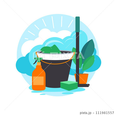 A bucket of cleaning supplies with a mop, sponge, and bottle of cleaner. Vector illustration 111981557