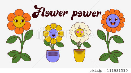 The banner groovy flowers. Funny daisies smiling with text flower power. Trendy retro elementrs. Hippie 60s, 70s in vector illustration 111981559
