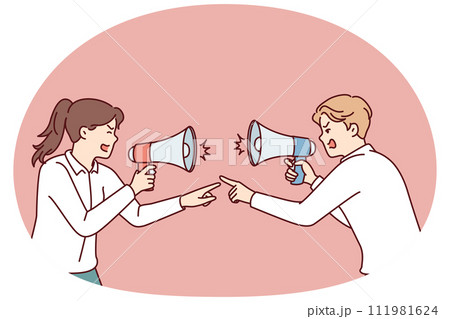 Aggressive men and women with megaphones quarreling and pointing fingers at each other 111981624