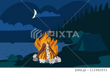 Bonfire in night forest. Tent on river bank. Burning campfire. Outdoor recreation. Hiking travel. Overnight in open air. Nature landscape. Glowing fire in dark. Garish vector concept 111982031