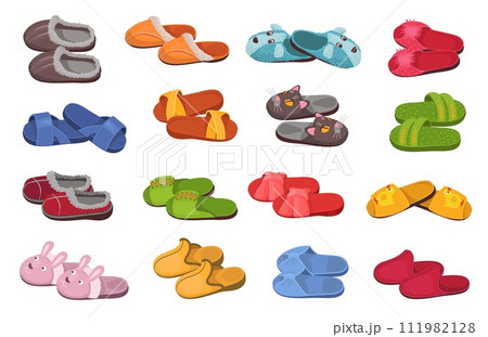 Home footwear. Cozy domestic slippers different types. Warm soft materials. Animal muzzles. Comfortable shoes for bedroom. Domestic clothing. Felt and fur footgear. Splendid vector set 111982128