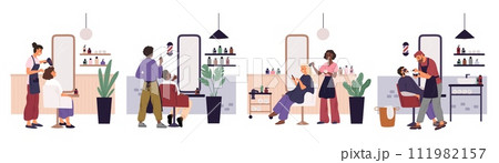 Men and women in hair salon. People get haircuts. Guys make out stylish beards. Barbershop visitors. Moustache shaving. Caring of hairstyle. Hairdressing service. Garish vector set 111982157