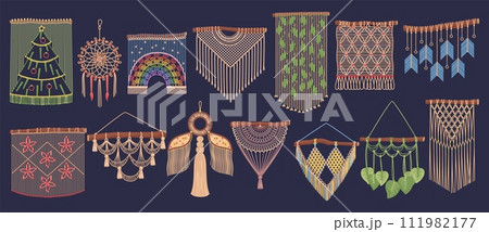 Modern macrame decor. Patterned wall hangings made of strings. Scandinavian rustic style. Handmade rope weaving ornaments. Dream catcher. Boho knitted decorations. Recent vector set 111982177