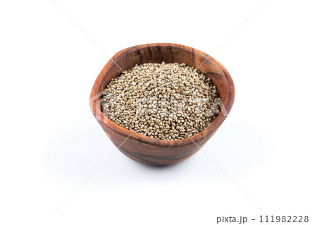 Cannabis Hemp seeds in bowl on white Cannabis Hemp seeds in bowl on white 111982228