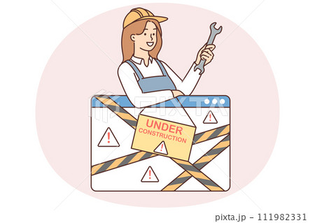Repairman woman with wrench near under construction sign for 404 page of website or app 111982331