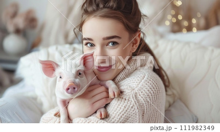 Young woman cuddling with a piglet 111982349