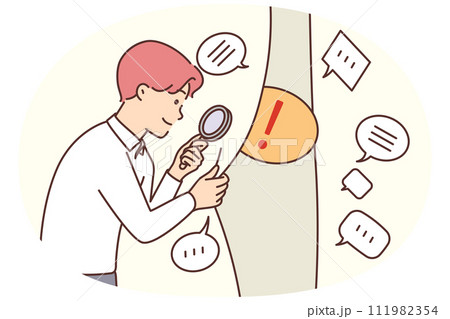 Man with magnifying glass looks at dialog bubbles with FAQ comments in search right solution 111982354