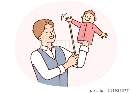 Man puppeteer is preparing to go on stage to show children theater with hand-operated puppets 111982377