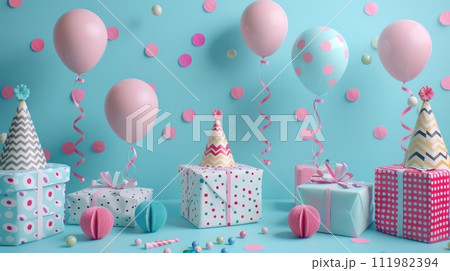 Birthday party decorations include balloons, streamers, hats, and gift boxes on minimalist blue background 111982394