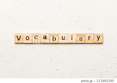 vocabulary word written on wood block. vocabulary text on table, concept vocabulary word written on wood block. vocabulary text on table, concept 111982595