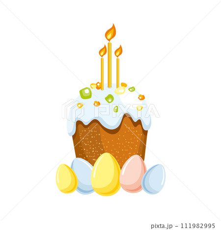vector illustration of Easter theme, colorful Easter cake with icing, candied fruits and light candle, different pastel color Easter eggs isolated on white background vector illustration of Easter theme, colorful Easter cake with icing, candied fruits and light candle, different pastel color Easter eggs isolated on white background 111982995