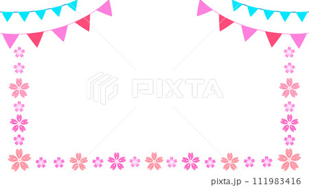 桜とガーランドのフレーム　飾り枠　16:9 111983416