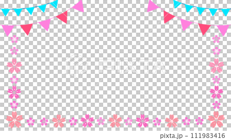 桜とガーランドのフレーム　飾り枠　16:9 111983416