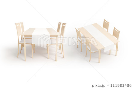 Blank wood table with white runner mockup, front side view 111983486