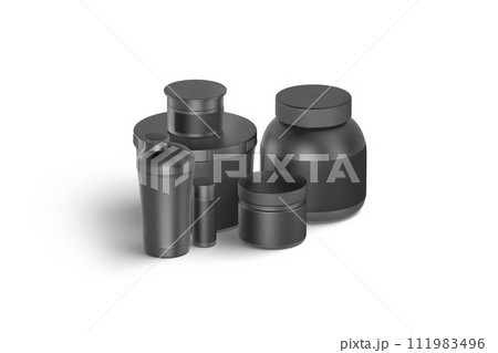 Blank black protein can, bottle and shaker mockup, side view 111983496