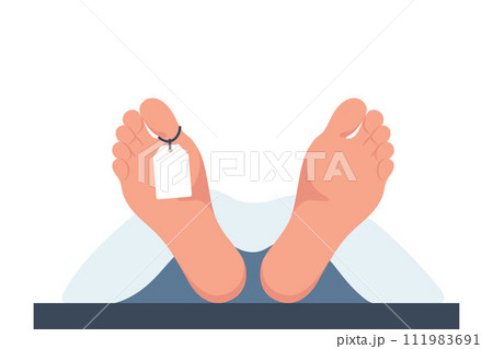 Corpse in the morgue. Dead man in the morgue. Legs of a dead man with a white tag. The human body is covered with a white sheet. Vector illustration. Corpse in the morgue. Dead man in the morgue. Legs of a dead man with a white tag. The human body is covered with a white sheet. Vector illustration. 111983691