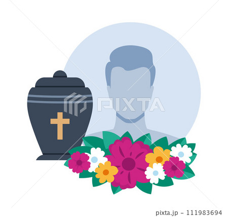 Urn with ashes. Dead man portrait and flowers. Dead young guy photo. Funeral ceremony. Ritual service. Vector illustration. 111983694