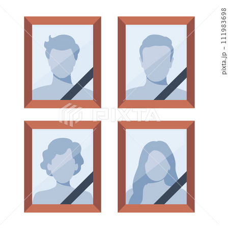 Photo of a dead man and woman with a black mourning ribbon. Dead portraits set. Funeral ceremony. Ritual service. Vector illustration. 111983698