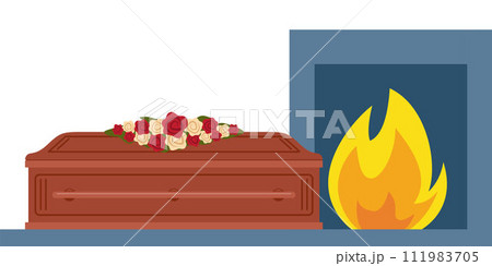 Cremation. Coffin and fire. Process of cremation in the crematorium. Vector illustration. Cremation. Coffin and fire. Process of cremation in the crematorium. Vector illustration. 111983705