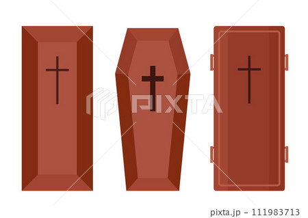 Set of coffins. Brown beautiful wooden coffin with cross on the lid. Vector illustration of accessories for death. Set of coffins. Brown beautiful wooden coffin with cross on the lid. Vector illustration of accessories for death. 111983713
