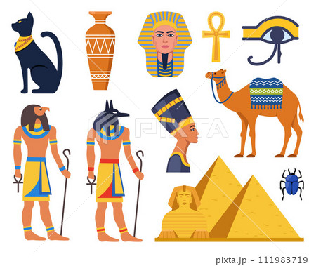 Ancient Egypt collection. Gods, deities and mythological creatures from Egyptian mythology and religion, sacred animals, symbols, architecture and sculpture. Vector illustration. 111983719