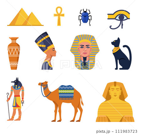 Ancient Egypt collection. Gods, deities and mythological creatures from Egyptian mythology and religion, sacred animals, symbols, architecture and sculpture. Vector illustration. 111983723
