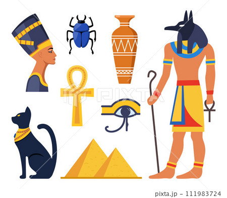 Ancient Egypt collection. Gods, deities and mythological creatures from Egyptian mythology and religion, sacred animals, symbols, architecture and sculpture. Vector illustration. 111983724