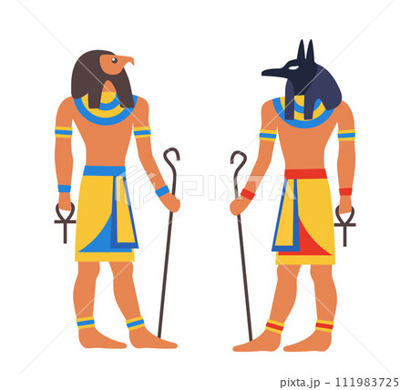 Ancient gods from Egypt. Horus, Anubis. Egyptian deity. Old painting style. Vector illustration. 111983725