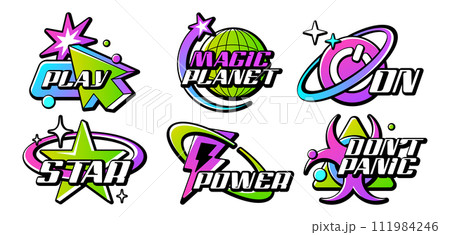 Retro acid Y2K logo with acid gradient colorful slogan and abstract futuristic elements Retro acid Y2K logo with acid gradient colorful slogan and abstract futuristic elements 111984246