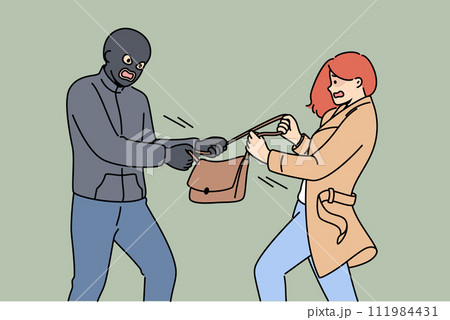 Masked robber takes bag from frightened woman who screams for help from police or passers-by 111984431