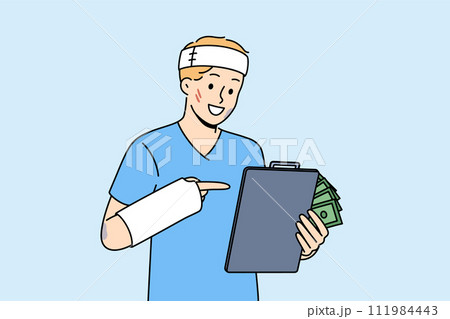 Sick man rejoices at receiving health insurance to cover hospital bills after car accident 111984443