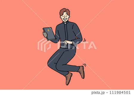 Joyful catholic priest jumps up with bible in hands, inviting you to temple for sunday worship 111984501
