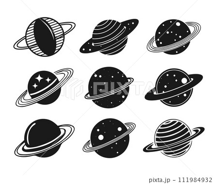 Set of fantastic space planets. Black and white silhouettes for design. Vector Set of fantastic space planets. Black and white silhouettes for design. Vector 111984932