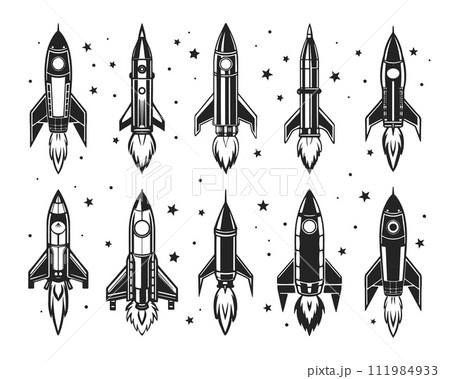 Set of space rockets and shuttles. Black and white silhouettes. Vector Set of space rockets and shuttles. Black and white silhouettes. Vector 111984933