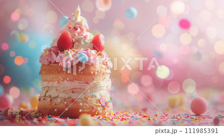 Birthday cake on blur background with studio light. Happy Birthday concept. Generative AI Birthday cake on blur background with studio light. Happy Birthday concept. Generative AI 111985391