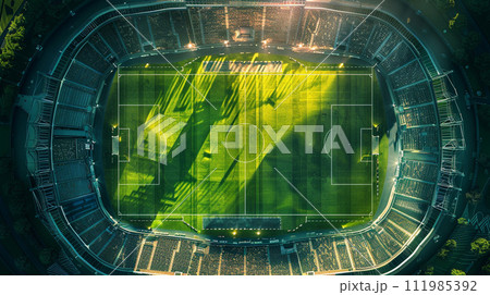 Football stadium. Soccer stadium. Top view. Generative AI. 111985392