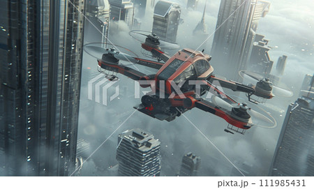 Future drone flying with building background. generative AI. 111985431