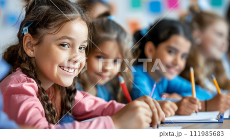 Group of happy kids students sitting in classroom and writing in notebooks 111985683