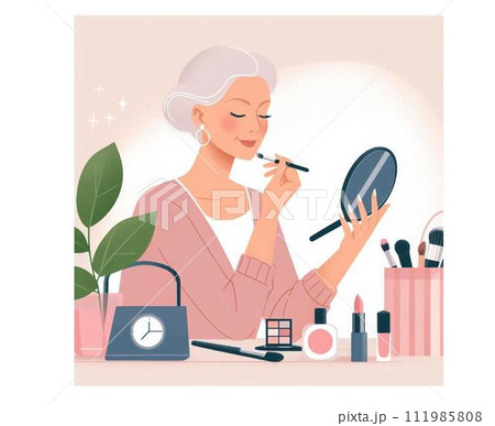 鏡の前でメイクを楽しむシニア女性 111985808