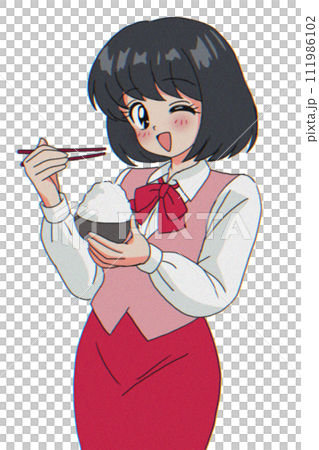 Girl at the reception desk, eating, 90s style Girl at the reception desk, eating, 90s style 111986102