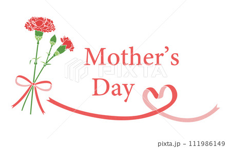 母の日、シンプルなイラスト素材、カーネーションとハートのリボン 111986149